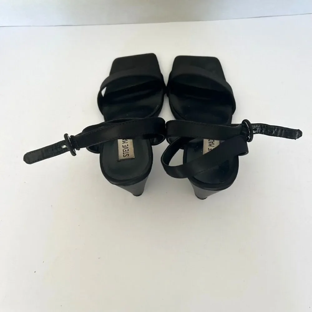 VTG Steve Madden, Black Satin Square Toe Ankle Strap Wedge Heel 8 Classic 90s